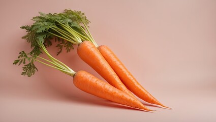 Poster - Fresh organic carrots with green tops arranged on a soft pastel peach background, showcasing their vibrant orange color and natural texture.