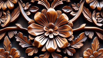 Poster - Detailed close-up of intricately carved wooden floral design in warm brown tones, featuring prominent flower and leaf motifs on dark background.
