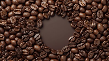 Poster - Brown coffee beans arranged in a circular pattern with a dark center for copy space, ideal for design elements or text overlays.