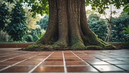 Aufkleber - Closeup of textured floor tiles in warm brown tones beneath a large moss-covered tree trunk surrounded by lush green foliage in the background.