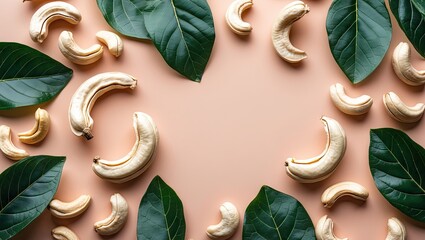 Poster - Cashew nuts arranged in a circular pattern with lush green leaves on a soft pastel peach background with ample copy space for text.