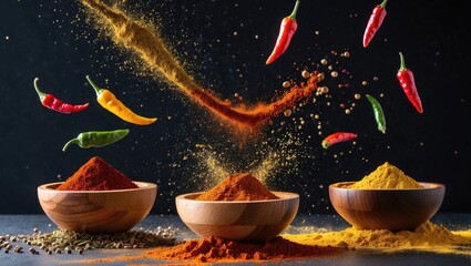 Aufkleber - Vibrant colorful spices in wooden bowls with green, yellow, and red chili peppers on a dark background, showcasing rich textures and energy.