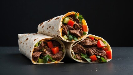 Poster - Beef burritos filled with fresh vegetables arranged on a black background with ample copy space for text or design elements.