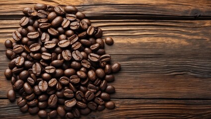 Poster - Dark roasted coffee beans scattered on a textured wooden background, creating a natural space on the right for text or design elements.