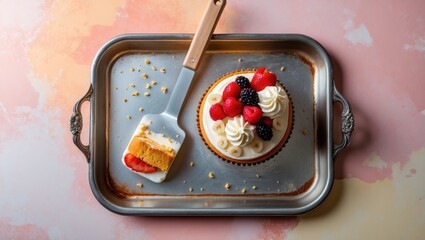 Poster - Cake spatula resting on a silver metal tray beside a layered fruit cake topped with berries on a soft pastel pink and orange background.