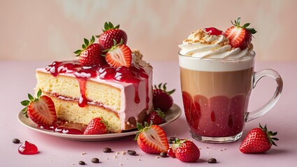 Poster - Strawberry jam layered cake on a white plate beside a frothy latte topped with whipped cream, against a soft pastel pink background.