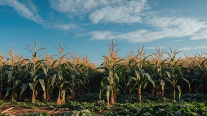 Aufkleber - Lush green cornfield under a vibrant blue sky with fluffy clouds creating ample copyspace for text or design in a horizontal wide shot.