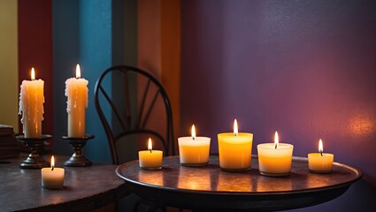Aufkleber - Burning candles in various sizes on a round table with warm yellow tones against a vibrant colored wall featuring purple, orange, and teal stripes.