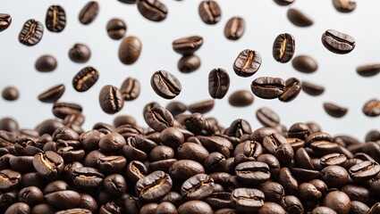 Poster - Floating coffee beans in mid-air against a soft white background with a mound of dark roasted coffee beans in the foreground.