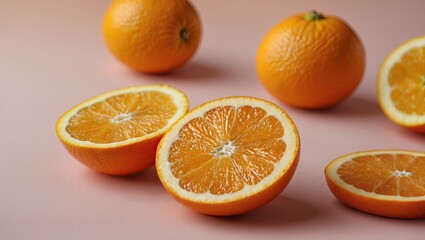 Poster - Freshly cut orange slices with vibrant orange flesh set against a soft pastel pink background, accompanied by whole oranges in the background.