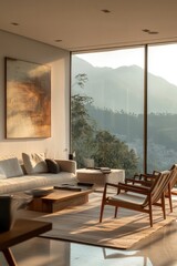 Poster - Comfortable living space with various furniture pieces and a large window allowing natural light in
