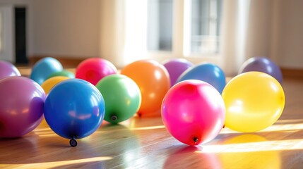 Poster - A bunch of colorful balloons sitting on top of a wooden floor