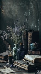 Poster - A study desk with a vase of flowers and stacked books