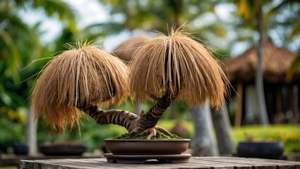Aufkleber - Bonsai coconut trees with unique crown shapes are showcased in a natural green setting with blurred background and wooden base.