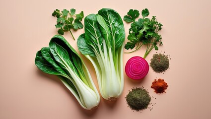 Poster - Composition of fresh bok choy and coriander with red radish and assorted spices on a soft pastel background, arranged in an inviting top view layout.