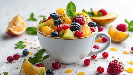 Poster - Bright and colorful fruit salad in a white bowl surrounded by fresh berries and citrus slices on a light wooden table with mint leaves