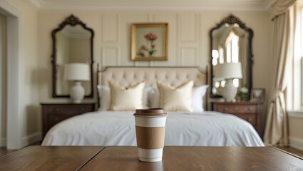 Poster - Cozy cream and beige master bedroom with contemporary furnishings and a coffee cup in foreground on a wooden surface, soft lighting highlights details.