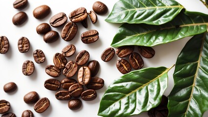 Poster - Close-up of roasted coffee beans scattered with vibrant green coffee leaves on a bright white background. Ample copy space for text or design.