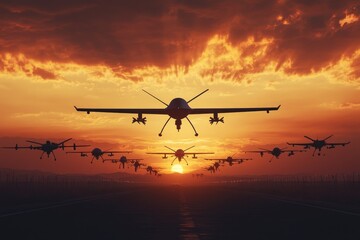 Poster - Airplanes on a runway at sunset
