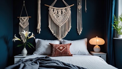 Poster - Cozy bedroom interior with dark blue walls featuring macrame wall hangings, a white bed with gray blanket, and a lit table lamp.