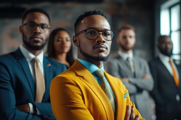 Poster - A businessman stands among a group, possibly at a conference or meeting