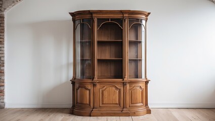 Aufkleber - Classic wooden cabinet showcase with curved glass doors positioned centrally against a white wall featuring rich brown tones and elegant design.