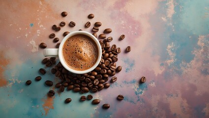 Poster - White coffee cup filled with dark coffee centered on textured pastel blue and peach backdrop surrounded by roasted coffee beans.