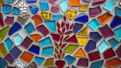 Aufkleber - Colorful mosaic glass pieces in vibrant blue, red, yellow, and purple arranged artistically against a neutral wall background.
