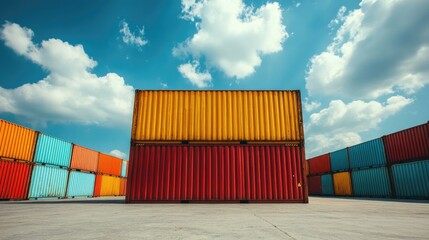 Poster - A stack of colorful shipping containers parked in an urban setting, suitable for background or concept image