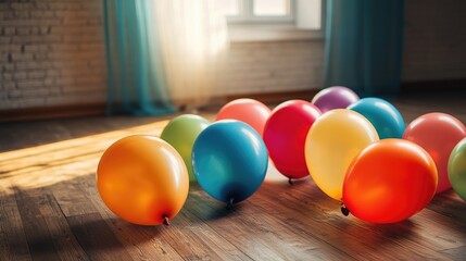 Poster - A group of balloons resting on a wooden surface, ready for use or decoration
