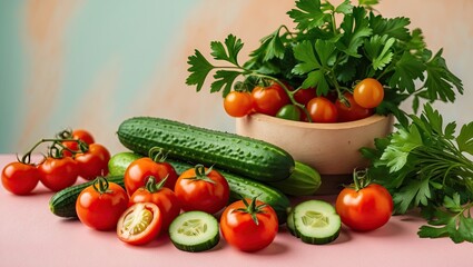 Poster - Vibrant red cherry tomatoes and fresh cucumbers with parsley arranged artistically on a pink surface against a soft pastel background.