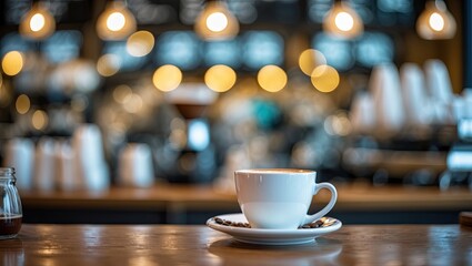 Poster - Warm tones of a coffee cup and saucer on a brown wooden table with a blurred, bokeh cafe backdrop featuring soft golden lights.