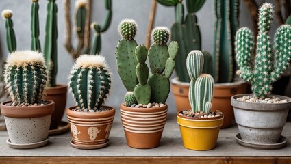 Aufkleber - Colorful cactus variety in terracotta and ceramic pots on wooden shelf with rustic backdrop, featuring green and beige tones, bright pots arranged neatly.