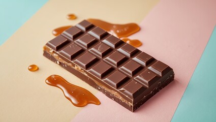 Poster - Chocolate bar with caramel drizzles on pastel pink and blue background, showcasing glossy texture and rich brown colors.