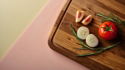 Poster - Wooden cutting board with fresh tomato, cucumber slices, and rosemary on a pastel pink and beige background, showcasing rustic kitchen elements.