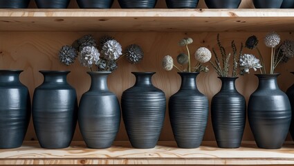 Poster - Black ceramic vases displaying dried flowers arranged symmetrically on a light plywood shelf showcasing a minimalist aesthetic and natural textures.