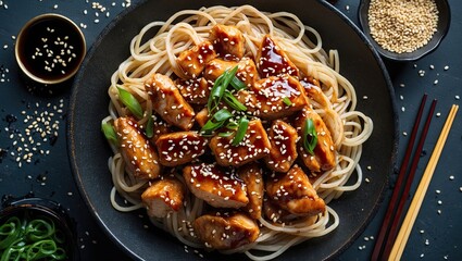 Poster - Chicken teriyaki dish featuring tender chicken on a bed of noodles garnished with sesame seeds and scallions arranged on a dark surface.