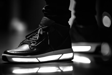 Poster - A close-up shot of a pair of black and white sneakers on a shiny surface