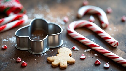 Poster - Gingerbread cookie cutter in a silver color positioned center with red and white candy canes and scattered festive candies on a rustic table.