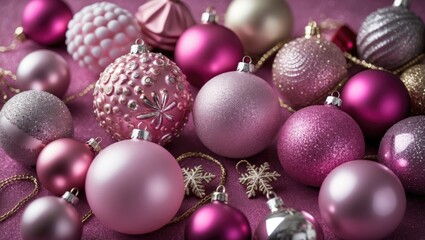 Poster - Pink Christmas ornaments including glossy, matte, and textured spheres arranged artfully on a soft pink background with gold accents.