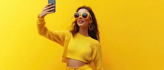 Poster - A woman taking a selfie with her cell phone in a casual setting