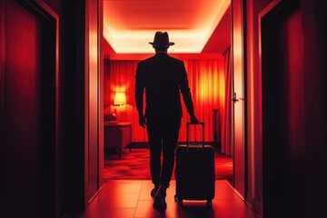 Poster - A silhouette of a man in a hat carrying a suitcase, ideal for use in travel or adventure themed projects