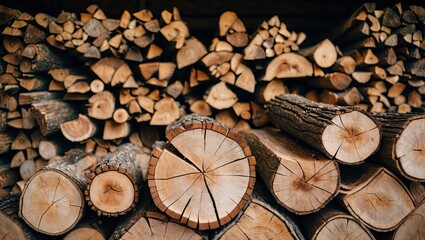Aufkleber - Cross section of timber in the foreground with a stacked firewood background featuring varying shades of brown and orange in a rustic setting.