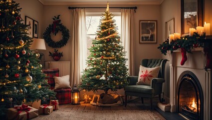 Aufkleber - Cozy Christmas interior with a decorated evergreen tree glowing next to a fireplace surrounded by gifts, warm lights, and festive decor.