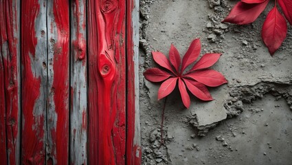 Aufkleber - Vibrant close-up of red lacquered wood and textured raw cement featuring a decorative red leaf on the right side against a grey background.
