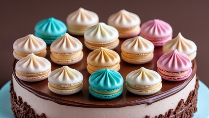 Poster - Pastel macaroons in pastel blue, pink, yellow, and mint green on chocolate frosted cake with a brown background, centered and appealingly arranged.