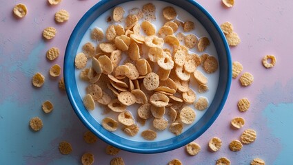 Poster - Cereal flakes in a blue bowl with milk surrounded by scattered flakes on a pastel pink and blue background.
