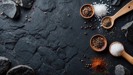 Aufkleber - Variety of spices in wooden bowls with salt and pepper on dark stone table background with rocks creating a rustic culinary scene