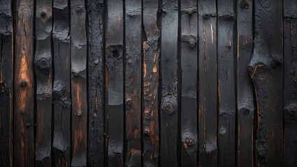 Aufkleber - Charred black wood background with uneven texture and subtle warm highlights creating a rustic, dramatic atmosphere for creative projects.