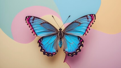 Aufkleber - Vivid blue butterfly with intricate black and pink detailing centered on a pastel pink and blue abstract background creating a serene summer vibe.